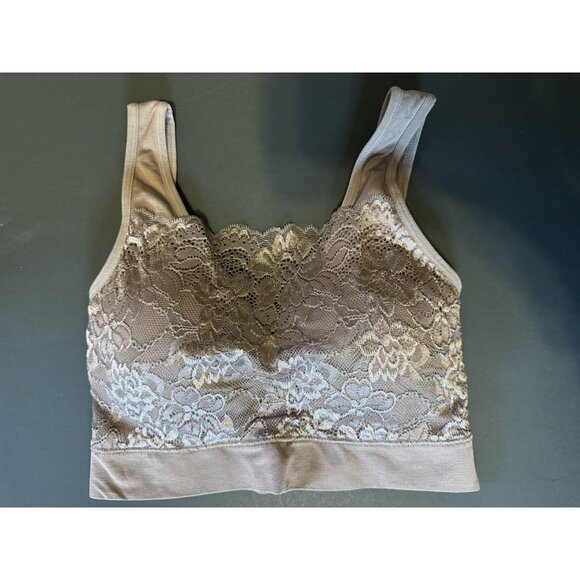 Rhonda Shear Pullover Bra Size M Brown Lace Cami Padded Modest Wireless 9346 NEW - Picture 1 of 5